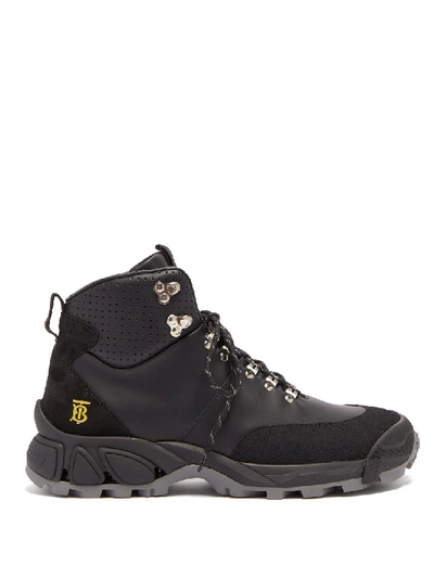 Shop Burberry Monogram-logo Leather Hiking Boots In Black