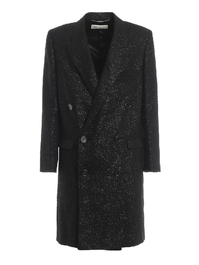 Shop Saint Laurent Spangled Tweed Double-breasted Coat In Black