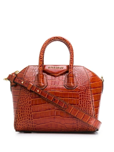 Shop Givenchy Brown Women's Croc Embossed Mini Antigona Tote In Red