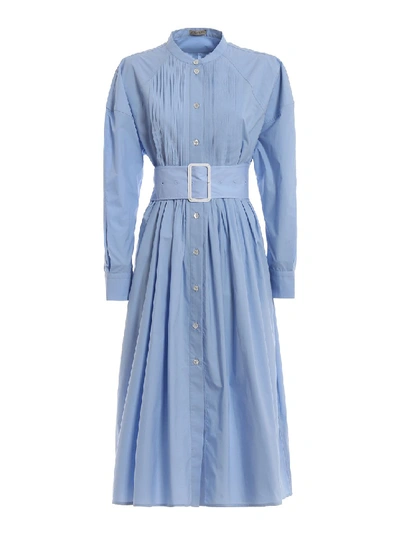 Shop Bottega Veneta Cotton Shirt Dress With High Belt In Blue