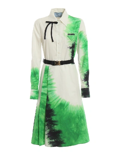 Shop Prada Bow Detailed Patterned Poplin Dress In Green