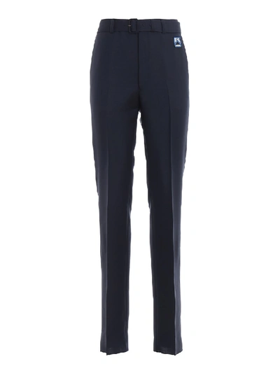 Shop Prada Belted Blue Mohair And Wool Blend Trousers In Black