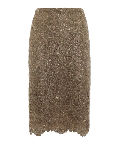 Shop Valentino See-through Glittering Metallic Lace Skirt In Grey