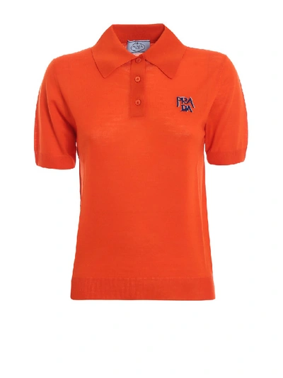 Shop Prada Logo Intarsia Orange Knit Wool Polo Shirt In Red