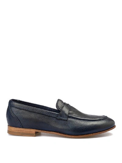 Shop Corneliani Dark Blue Deer Leather Loafers In Grey