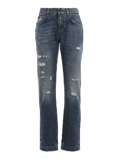 Shop Dolce & Gabbana Distressed Effect Boyfriend Jeans In Grey