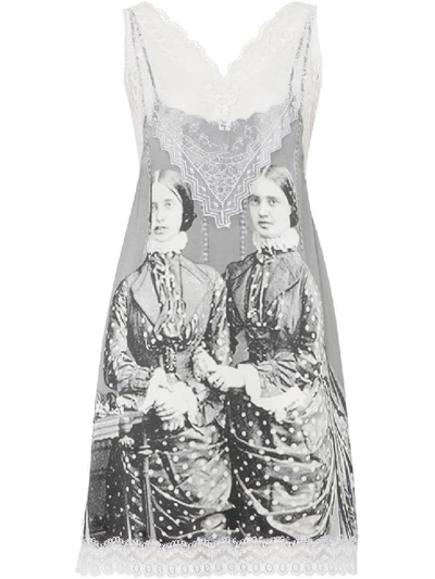 Shop Burberry - Grey Women's Lace Detail Victorian Portrait Print Silk Slip Dress In White