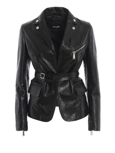 Shop Dsquared2 Black Hammered Leather Belted Jacket
