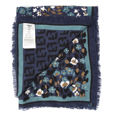 Shop Fendi Blue Silk And Wool Shawl With Floral Print In Black