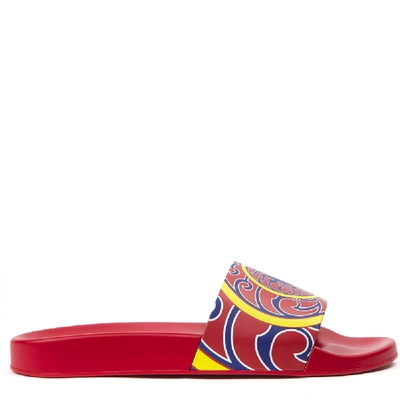 Shop Versace Red Slide Sandals With Multicolor Print