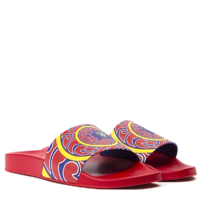 Shop Versace Red Slide Sandals With Multicolor Print