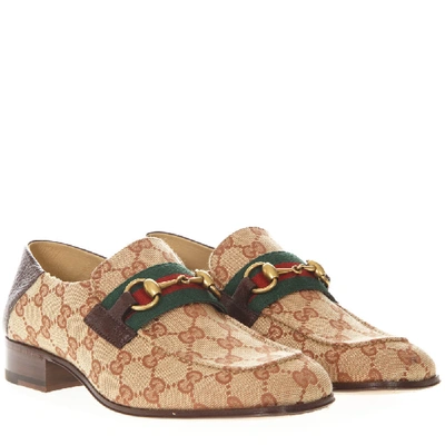 Shop Gucci Horsebit Loafer In Original Fabric Gg And Brown Leather