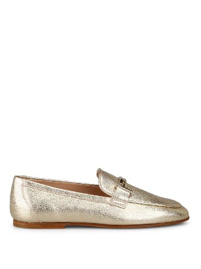 Shop Tod's Double T Golden Leather Loafers In Neutrals