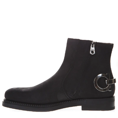 Shop Ferragamo Black Suede Boots With Iconic Metal Gancio