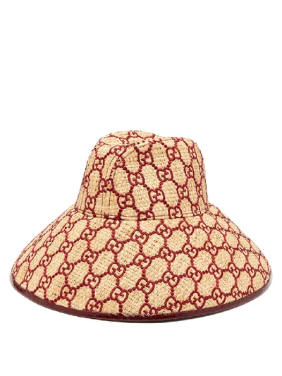 Shop Gucci Gg-embroidered Raffia Hat In Neutrals