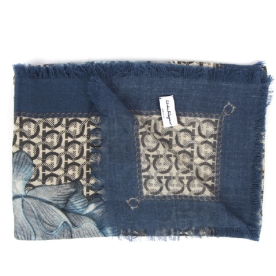 Shop Ferragamo Blue Wool Patchwork Print Shawl In Grey