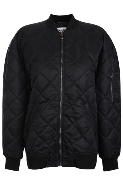 Shop Moschino Teddy Patch Quilted Bomber Jacket In Black