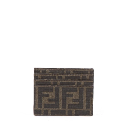 Shop Fendi Brown And Yellow Card Holder With Monogram And Logo Print In Grey