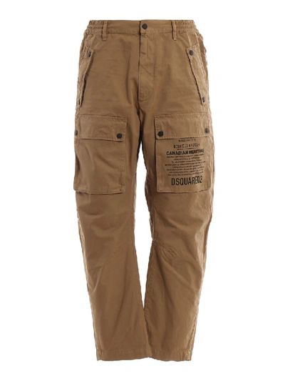 Shop Dsquared2 Print Detailed Cotton Cargo Trousers In Brown