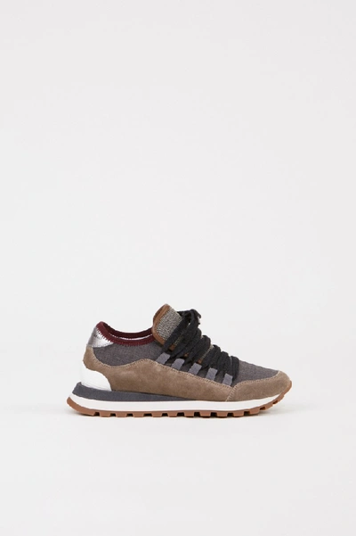 Shop Brunello Cucinelli Suede Leather Sneaker With Pearl Decoration Taupe/multi In Brown