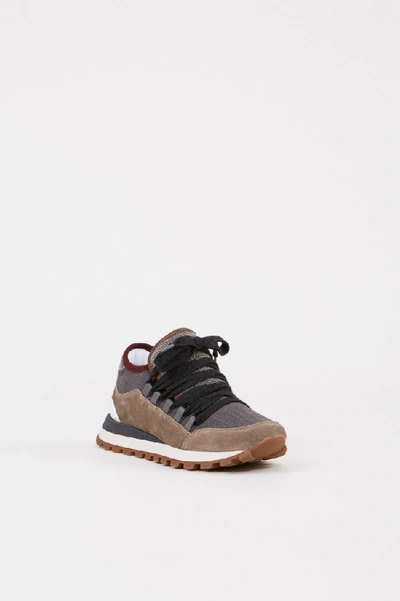 Shop Brunello Cucinelli Suede Leather Sneaker With Pearl Decoration Taupe/multi In Brown