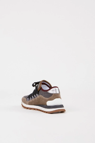 Shop Brunello Cucinelli Suede Leather Sneaker With Pearl Decoration Taupe/multi In Brown