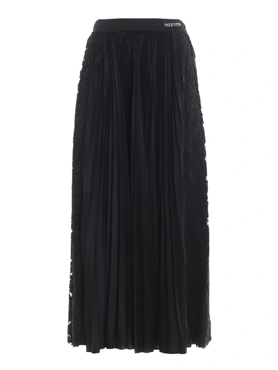 Shop Valentino Tech Fabric And Lace Pleated Skirt In Black