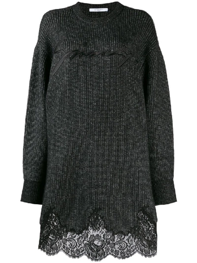 Shop Givenchy Grey Women's Lace Scalloped Sweater Dress In Black