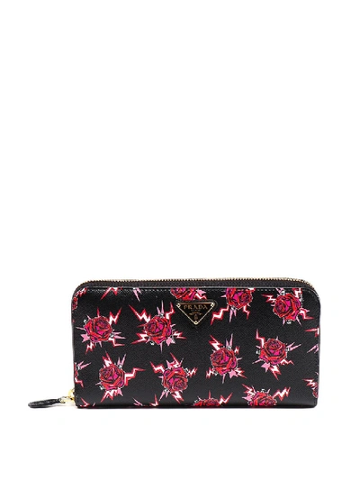 Shop Prada Roses Print Detailed Saffiano Leather Wallet In Black