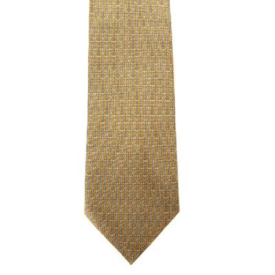 Shop Ferragamo Yellow Silk Gancini Printed Tie In Brown