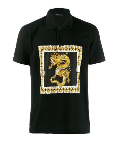 Shop Versace Dragon Print Cotton Polo Shirt In Black