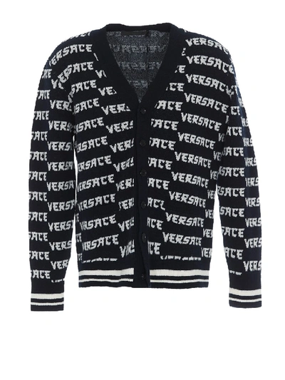 Shop Versace Logo And Striped Edges Detail Wool Cardigan In Black