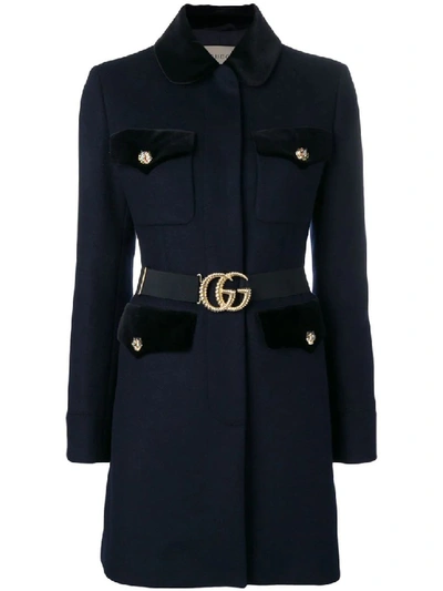 Shop Gucci Velvet-trimmed Single Breasted Coat In Black