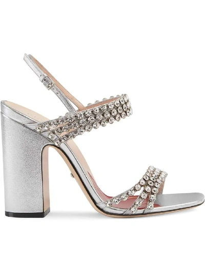 Shop Gucci Metallic Leather Sandal With Crystals In Grey