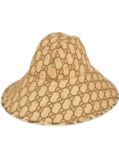 Shop Gucci Neutral Men's Gg Fedora Hat With Snakeskin In Brown