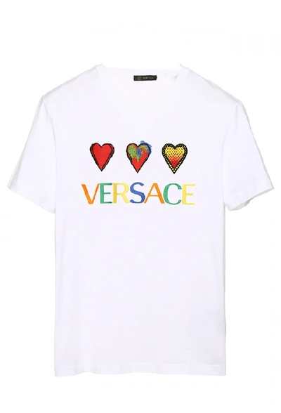 Shop Versace Embroidered Cotton T Shirt In White