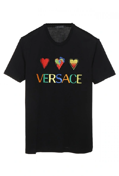 Shop Versace Embroidered Cotton T Shirt In Black