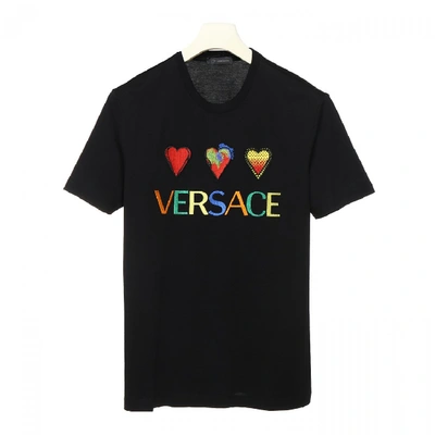 Shop Versace Embroidered Cotton T Shirt In Black