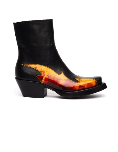 Shop Vetements Black Leather Flame Ankle Boots