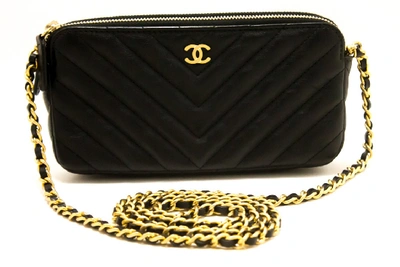 Pre-owned Lambskin V-stitch Wallet On Chain Woc Double Zip Chain Bag In  Black