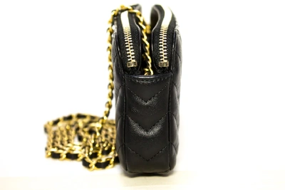 Pre-owned Chanel Lambskin V-stitch Wallet On Chain Woc Double Zip Chain Bag  In Black
