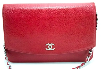 Pre-owned Chanel Red Caviar Wallet On Chain Woc Shoulder Bag Crossbody