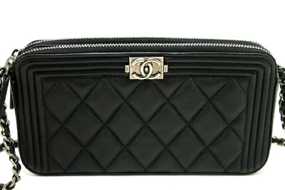Pre-owned Chanel Boy Caviar Wallet On Chain Woc W Zip Chain Shoulder Bag In  Black