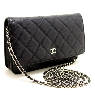 Pre-owned Chanel Caviar Wallet On Chain Woc Navy Shoulder Bag Crossbody In Black