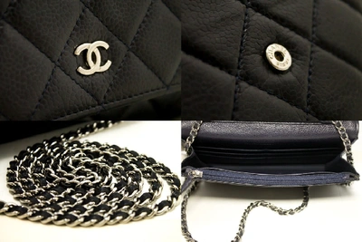 Pre-owned Chanel Caviar Wallet On Chain Woc Navy Shoulder Bag Crossbody In Black