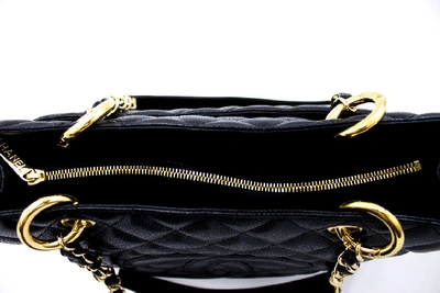 Pre-owned Chanel Caviar Gst 13" Grand Shopping Tote Chain Shoulder Bag Gold In Black