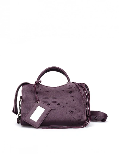 Shop Balenciaga Blackout City S Purple Leather Handbag