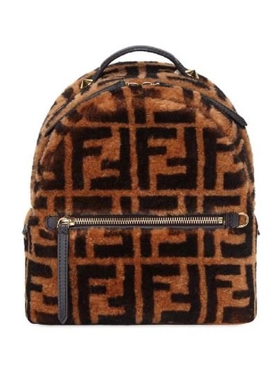 Shop Fendi Brown Women's Shearling Ff Mini Backpack In Black