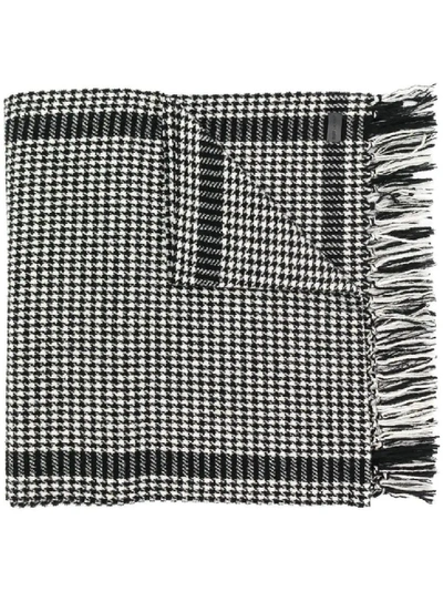 Shop Saint Laurent Black & White Men's Fringed Hem Houndstooth Print Scarf In Grey