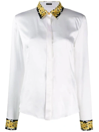 Shop Versace White Women's Baroque Trim Silk Satin Shirt